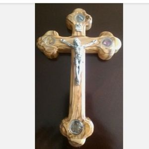 Handmade olive wood hanging cross 7"
